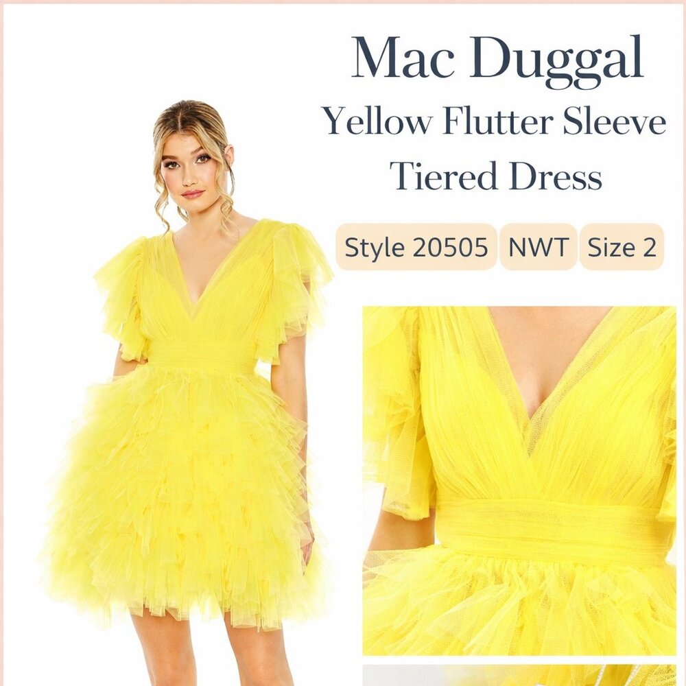 Mac Duggal Yellow Mini Cocktail Dress Tulle Flutter Sleeve NWT 0 Party Statement